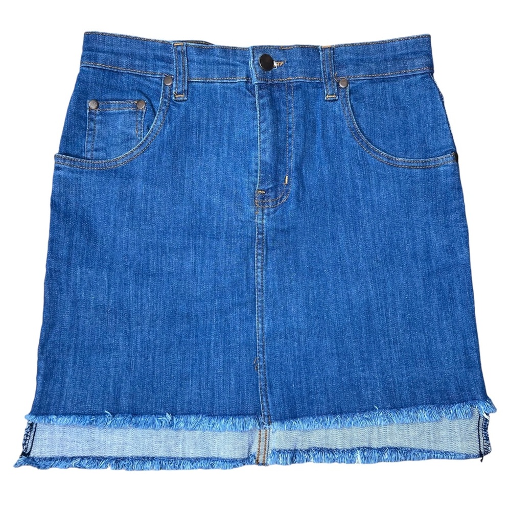 Pretty Little Thing Mini Asymmetrical Deep Blue Denim Skirt w/ Fringe, Women’s 8